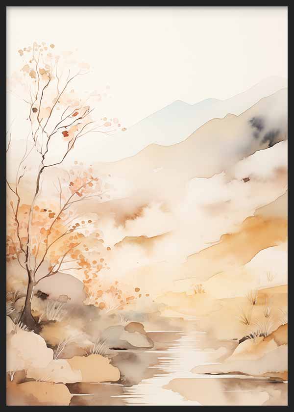 Cuadro de paisaje con río sereno, árbol fino, montañas suaves, niebla clara y tonos beige, arena, crema y gris, de estilo naturaleza y paisajes. Disponible en kudeko.com