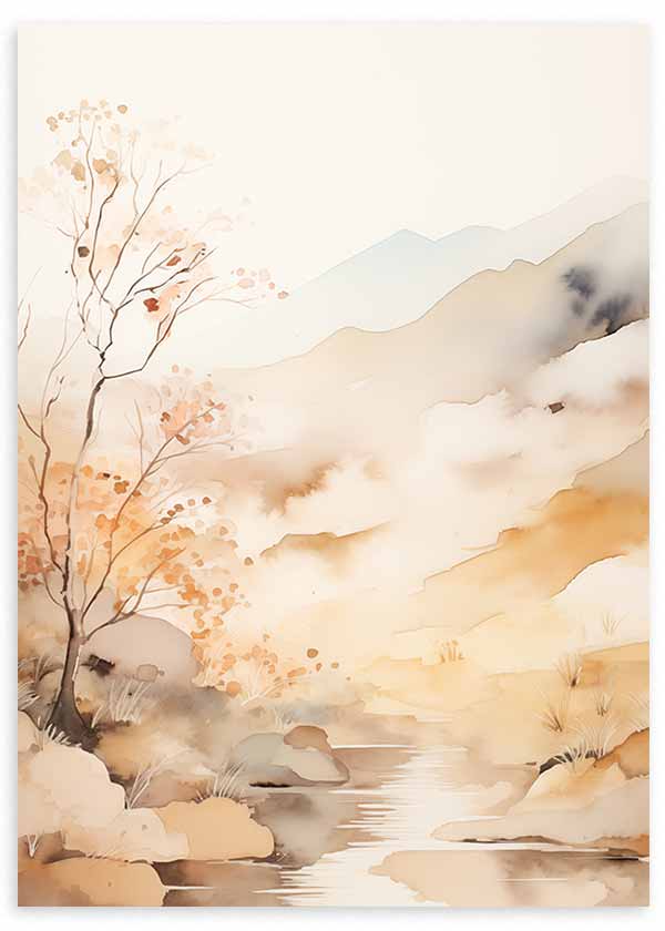 Wandbild mit ruhiger Landschaft, Fluss, schlankem Baum, sanften Bergen, hellem Nebel und Beige, Sand, Creme sowie weichem Grau im Naturstil. Erhältlich auf kudeko.com