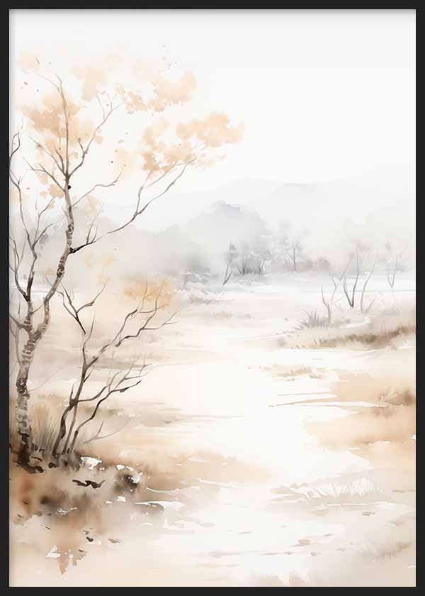 Cuadro de paisaje con árboles delicados, río tranquilo, montañas brumosas y tonos beige, crema y gris suave, de estilo naturaleza y paisajes. Disponible en kudeko.com
