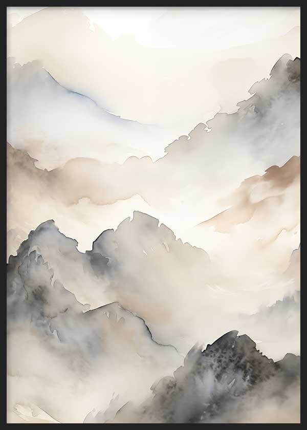 Cuadro de montañas difuminadas entre niebla en tonos gris humo, beige suave, blanco roto y taupe, con estilo naturaleza y paisajes. Disponible en kudeko.com