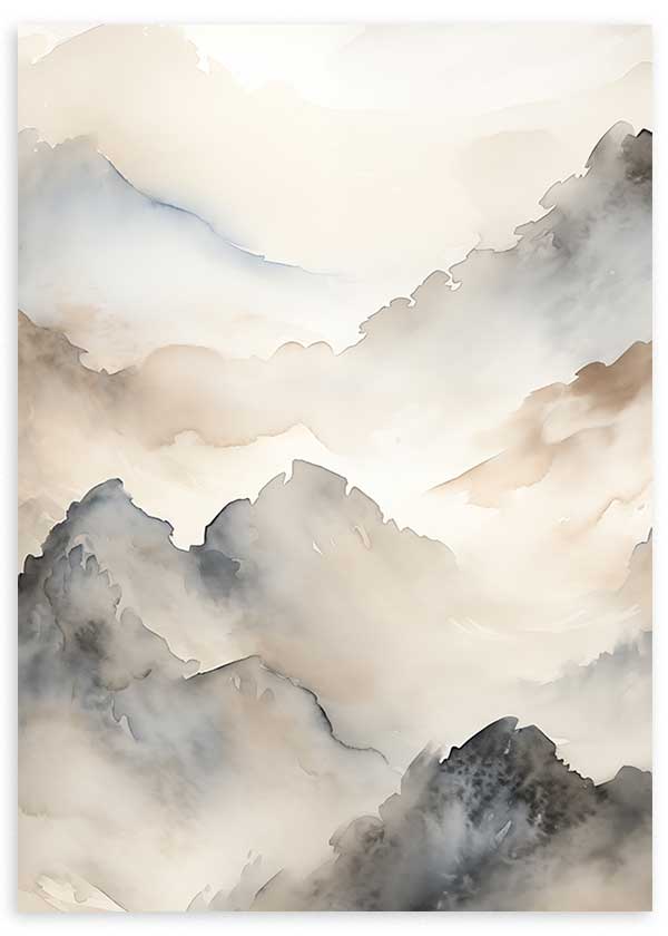 Cuadro de montañas difuminadas entre niebla en tonos gris humo, beige suave, blanco roto y taupe, con estilo naturaleza y paisajes. Disponible en kudeko.com