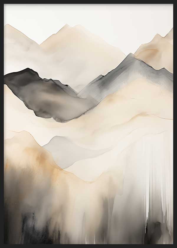 Cuadro de montañas difuminadas en tonos beige, arena, gris y negro, con composición etérea y estilo naturaleza y paisajes. Disponible en kudeko.com