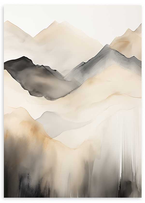 Tableau représentant des montagnes estompées en beige, sable, gris fumée et noir, avec composition éthérée et style nature et paysage, profondeur douce et contours flous. Disponible sur kudeko.com
