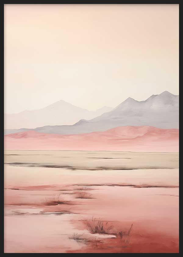 Quadro com paisagem desértica de montanhas cinzentas esbatidas, planície rosada, reflexos bege, céu quente e estilo natureza em tons suaves e equilibrados. Disponível em kudeko.com