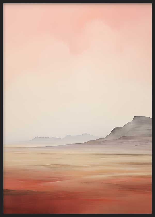 Cuadro de paisaje desértico con montañas lejanas, cielo rosado difuminado, suelo en tonos arena, beige y terracota, de estilo naturaleza y paisajes. Disponible en kudeko.com