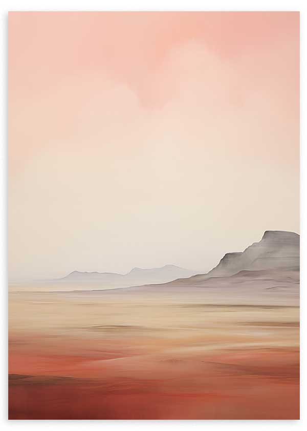 Cuadro de paisaje desértico con montañas lejanas, cielo rosado difuminado, suelo en tonos arena, beige y terracota, de estilo naturaleza y paisajes. Disponible en kudeko.com
