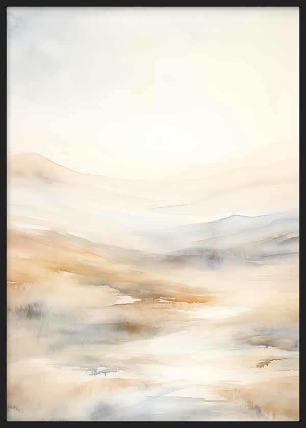Cuadro con paisaje difuso de colinas suaves, bruma ligera y tonos marfil, beige, arena y gris, de estilo naturaleza y paisajes. Disponible en kudeko.com