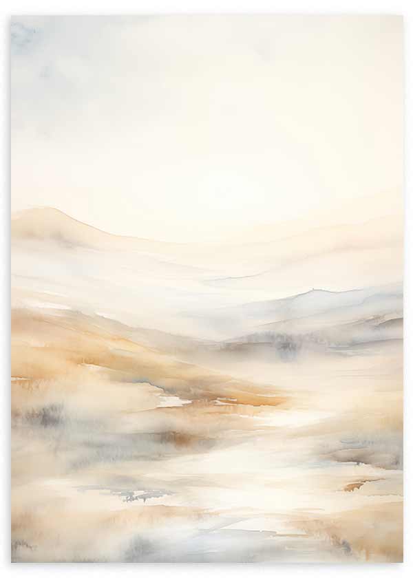 Wandbild mit diffuser Landschaft aus sanften Hügeln, leichtem Nebel sowie Elfenbein, Beige, Sand und Grau im natürlichen Landschaftsstil. Erhältlich auf kudeko.com