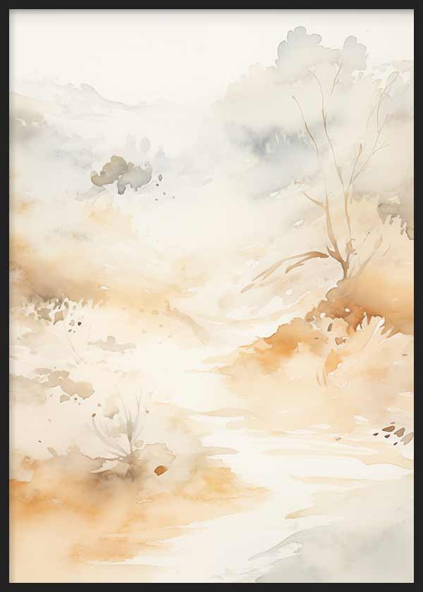 Cuadro de paisaje suave con árboles difusos, bruma ligera, cauce tenue y tonos marfil, beige, arena y gris claro, de estilo naturaleza y paisajes. Disponible en kudeko.com