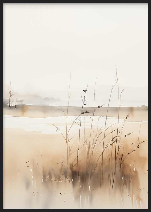 Cuadro de paisaje de orilla con juncos finos, horizonte difuso, tonos beige, arena, crema y marrón suave, de estilo naturaleza y paisajes. Disponible en kudeko.com