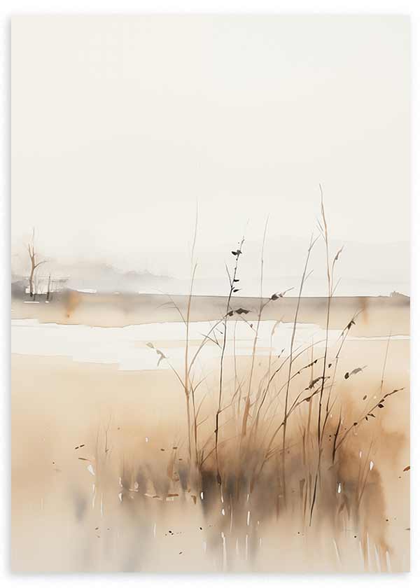 Wandbild einer Uferlandschaft mit feinen Schilfgräsern, verschwommenem Horizont, Beige, Sand, Creme und sanftem Braun im klaren Natur- und Landschaftsstil. Erhältlich auf kudeko.com