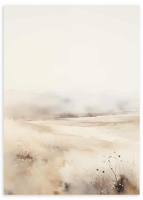 Quadro com paisagem de margem difusa, planície suave, vegetação subtil, horizonte enevoado, tons bege, creme, areia e cinza claro, estilo natureza e paisagem. Disponível em kudeko.com