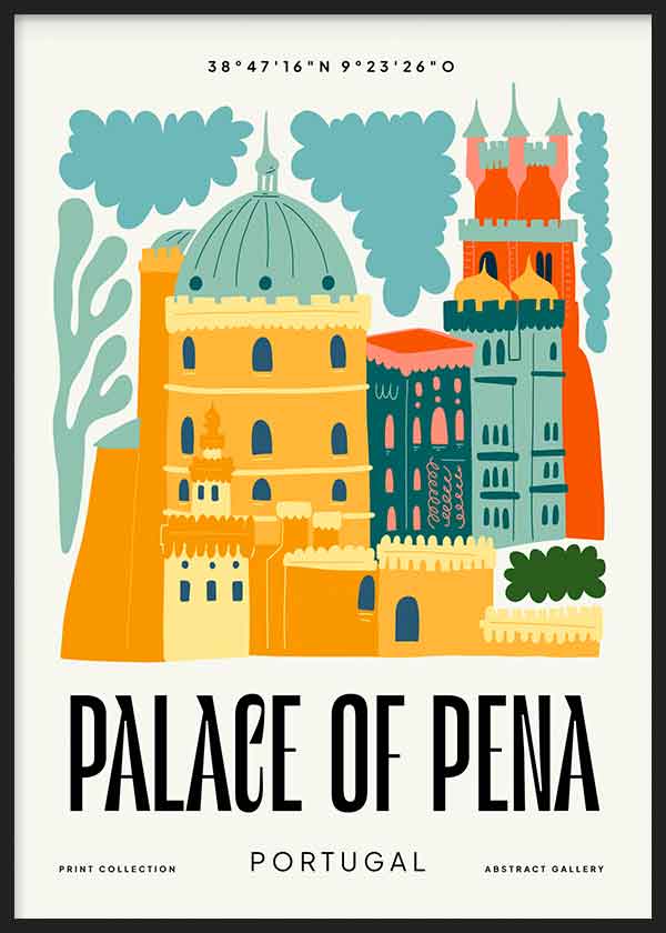 Cuadro de ilustración del Palacio da Pena con torres, cúpula y fachadas en amarillo, turquesa, naranja y azul oscuro, composición arquitectónica decorativa. Disponible en kudeko.com