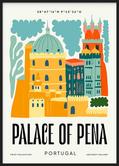 Quadro emoldurado com ilustração do Palácio da Pena, com torres, cúpula e fachadas em amarelo, turquesa, laranja e azul escuro, numa composição arquitetónica gráfica e decorativa. Disponível em kudeko.com