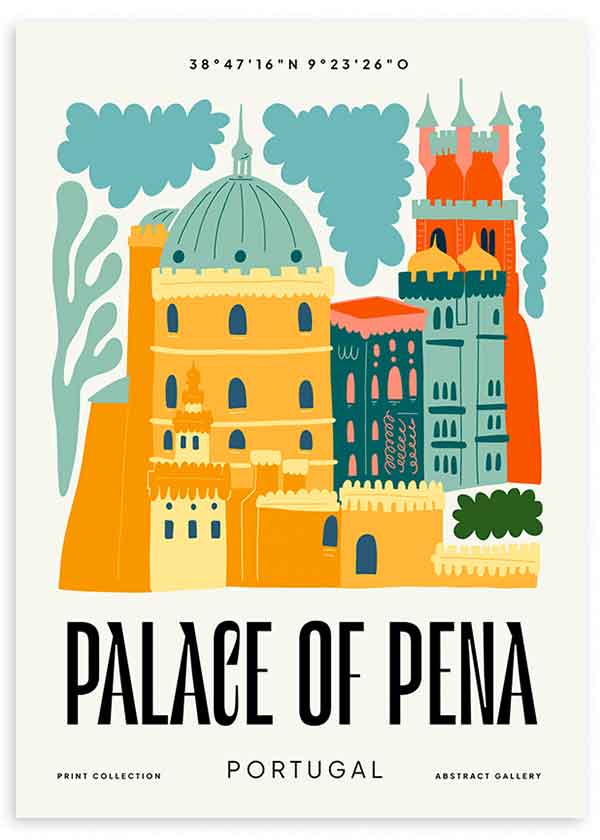 Gerahmtes Wandbild mit Illustration des Palácio da Pena, mit Türmen, Kuppel und Fassaden in Gelb, Türkis, Orange und Dunkelblau, als grafisches architektonisches Motiv im dekorativen Stil. Erhältlich auf kudeko.com