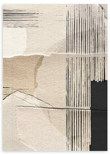 Cuadro con composición abstracta de texturas beige y arena, líneas negras verticales y horizontales, bloques oscuros y acabado sobrio de estilo abstracto. Disponible en kudeko.com