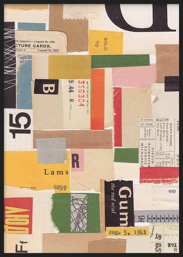 Gerahmtes Wandbild mit Collage aus typografischen Ausschnitten, alten Etiketten und Flächen in Beige, Creme, Gelb, Grün, Rot und Schwarz, im abstrakten grafischen Stil. Erhältlich auf kudeko.com