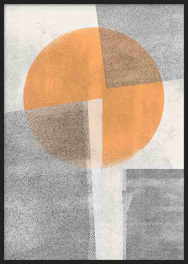 Cuadro de composición geométrica con círculo segmentado en tonos terracota, beige y gris sobre fondo claro texturizado, de estilo abstracto. Disponible en kudeko.com