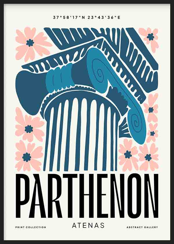 Cuadro de columna del Partenón con relieves clásicos, flores rosas, tipografía negra y tonos azul petróleo sobre fondo claro, de estilo ilustración. Disponible en kudeko.com