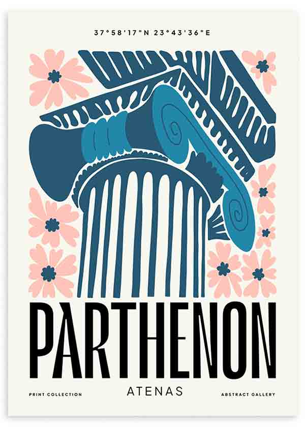 Gerahmtes Wandbild mit Parthenon-Säule, klassischen Reliefs, rosa Blumen, schwarzer Typografie und petrolblauen Nuancen auf hellem Hintergrund im Illustrationsstil. Erhältlich auf kudeko.com