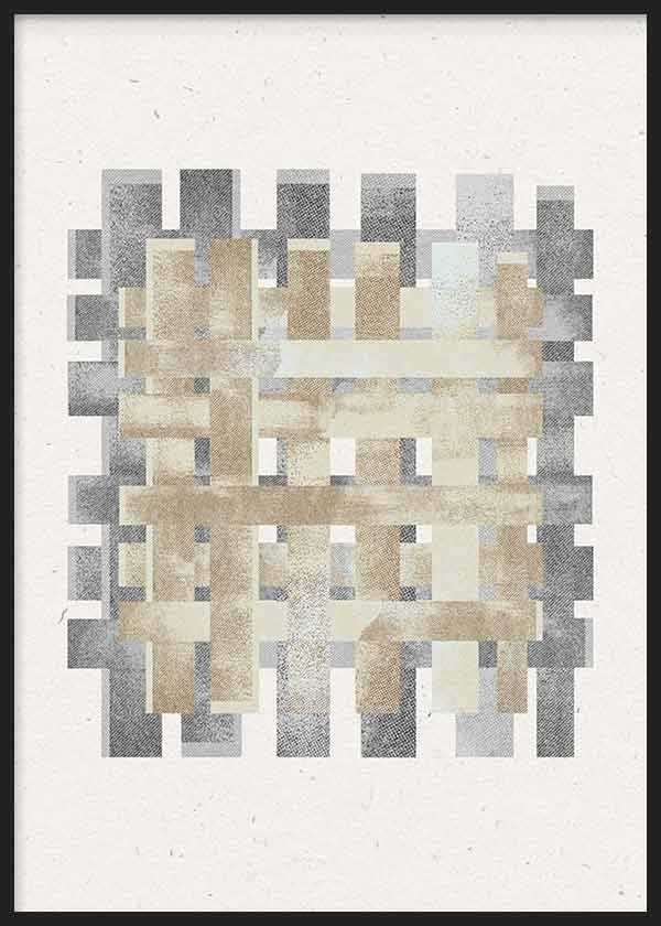 Cuadro con composición de rectángulos entrelazados en beige, gris, crema y arena sobre fondo claro, de estilo abstracto. Disponible en kudeko.com