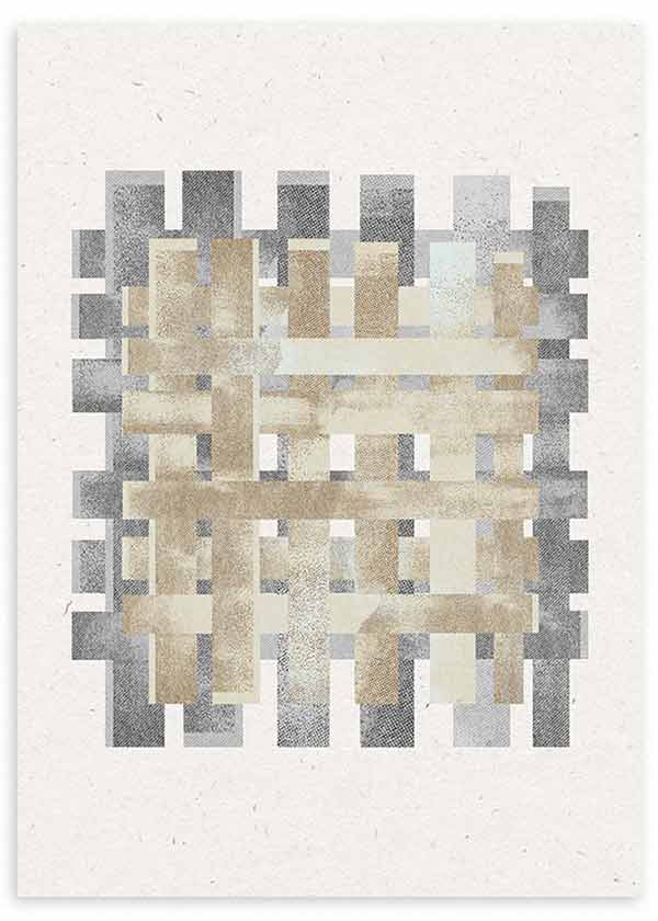 Cuadro con composición de rectángulos entrelazados en beige, gris, crema y arena sobre fondo claro, de estilo abstracto. Disponible en kudeko.com