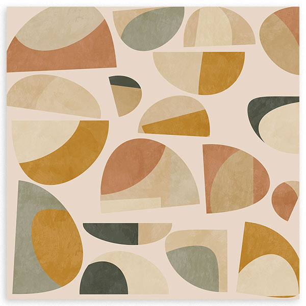 Tableau carré avec composition de formes géométriques semi-circulaires et organiques en beige, terracotta, moutarde, vert sauge et crème, dans un style géométrique contemporain sur fond clair. Disponible sur kudeko.com