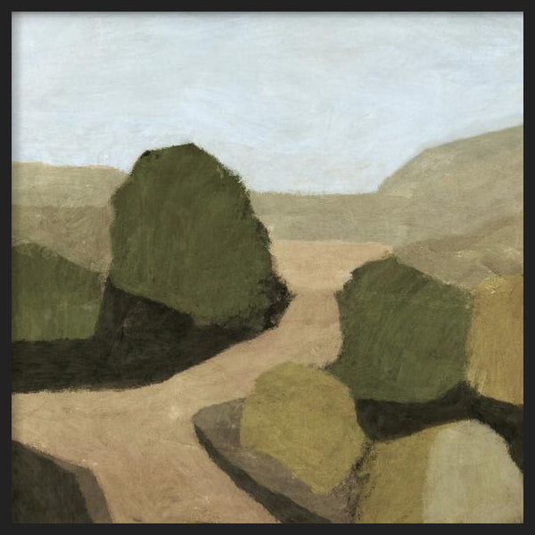 Cuadro cuadrado de paisaje con camino de arena, colinas beige, arbustos verde oliva y cielo azul suave, de estilo naturaleza y paisajes. Disponible en kudeko.com