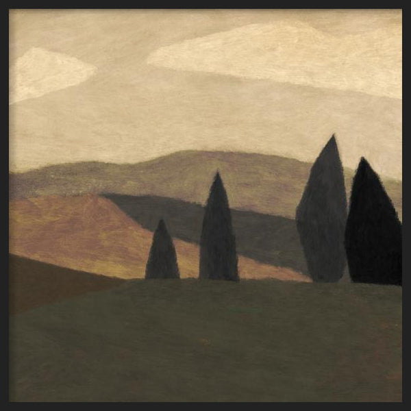 Tableau carré avec paysage de collines ondulées, cyprès sombres, ciel brumeux, tons beige, terre, gris et vert sourd, dans un style nature et paysage apaisé. Disponible sur kudeko.com