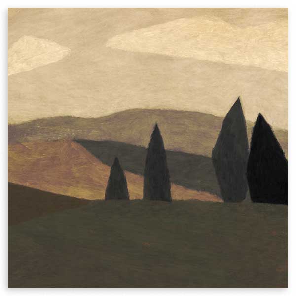 Tableau carré avec paysage de collines ondulées, cyprès sombres, ciel brumeux, tons beige, terre, gris et vert sourd, dans un style nature et paysage apaisé. Disponible sur kudeko.com