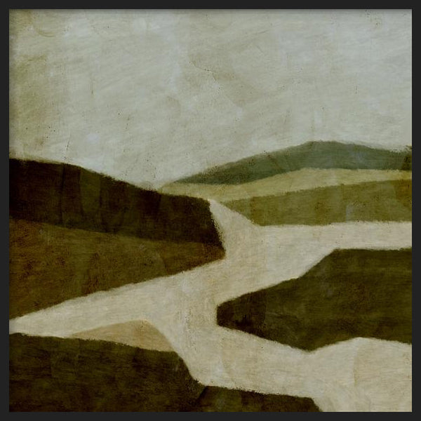 Cuadro cuadrado con paisaje de colinas onduladas, senderos claros, tonos verde oliva, beige y marfil, de estilo naturaleza y paisajes. Disponible en kudeko.com