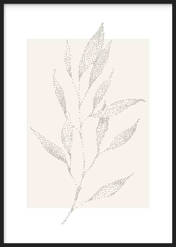 Gerahmtes Wandbild mit Zweig aus länglichen Blättern in grauen Punkten auf hellem Beigefond, klare botanische Komposition im minimalistischen Stil für die Wandgestaltung. Erhältlich auf kudeko.com