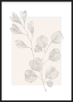 Wandbild mit botanischem Zweig und abgerundeten Blättern aus grauen Punkten auf sanft beigem Hintergrund, im minimalistischen Stil mit klarer Gestaltung und natürlicher Wirkung. Erhältlich auf kudeko.com