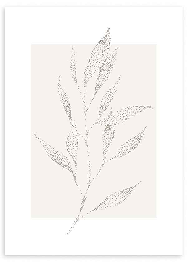 Tableau encadré avec branche de feuilles allongées en points gris sur fond beige clair, composition botanique épurée de style minimaliste pour décoration murale. Disponible sur kudeko.com