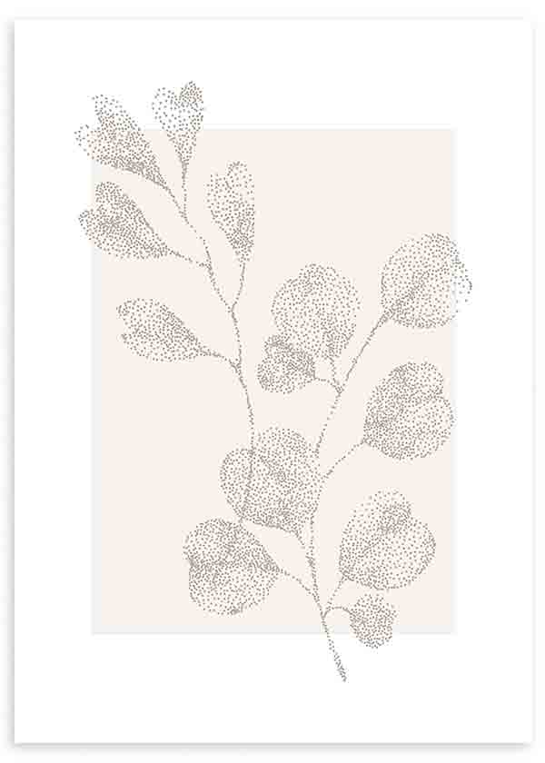 Cuadro con rama botánica de hojas redondeadas en puntos grises sobre fondo beige suave, de estilo minimalista. Disponible en kudeko.com
