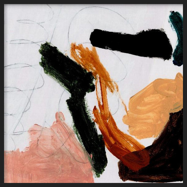 Cuadro cuadrado con composición abstracta de manchas negras, terracota, beige, rosa empolvado y verde oscuro sobre fondo claro, de estilo abstracto. Disponible en kudeko.com