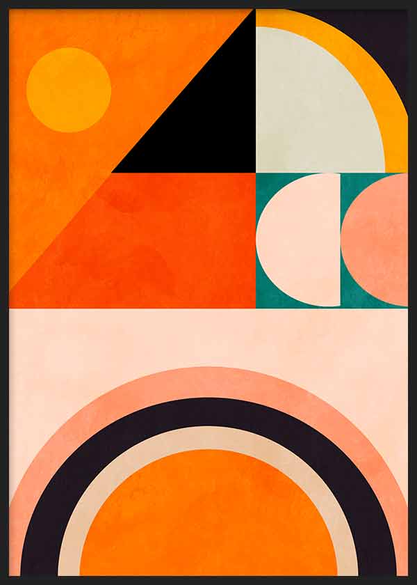Cuadro con composición geométrica de semicírculos, círculos y bloques en naranja, coral, crema, negro y verde petróleo, de estilo geométrico. Disponible en kudeko.com