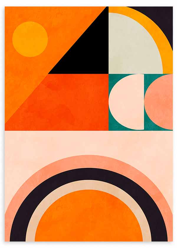 Tableau encadré avec composition géométrique de demi-cercles, cercles et blocs angulaires orange, corail, crème, noir et vert pétrole, dans un style géométrique rétro moderne. Disponible sur kudeko.com