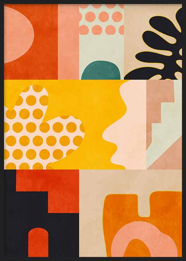 Cuadro con composición abstracta de formas orgánicas, lunares, arcos y bloques en amarillo mostaza, terracota, rosa suave, negro y verde azulado, de estilo abstracto. Disponible en kudeko.com