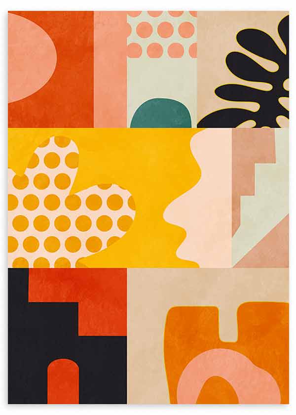 Cuadro con composición abstracta de formas orgánicas, lunares, arcos y bloques en amarillo mostaza, terracota, rosa suave, negro y verde azulado, de estilo abstracto. Disponible en kudeko.com