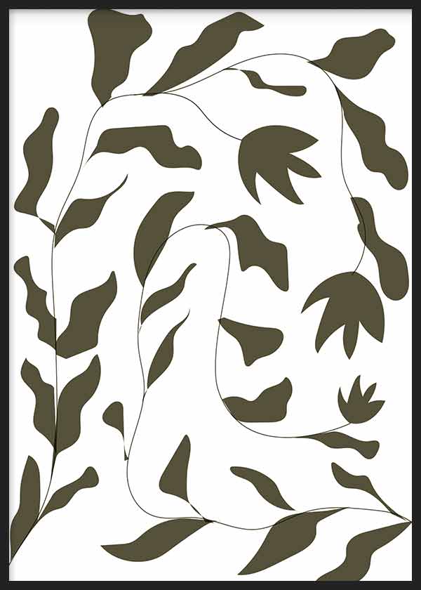 Cuadro con composición botánica de hojas y flores orgánicas en verde oliva, fondo blanco, líneas finas y estética minimalista. Disponible en kudeko.com