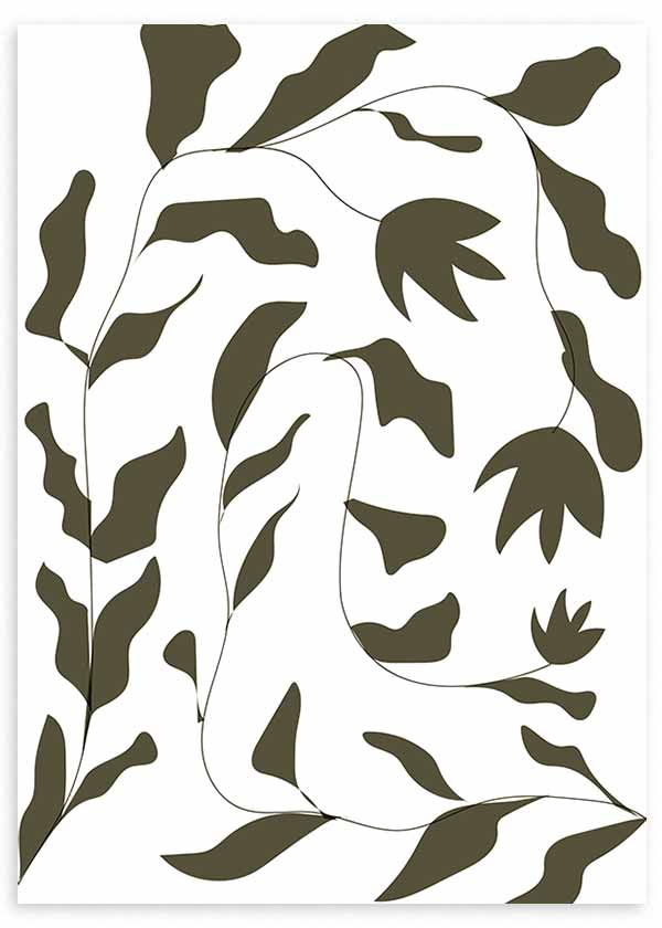 Cuadro con composición botánica de hojas y flores orgánicas en verde oliva, fondo blanco, líneas finas y estética minimalista. Disponible en kudeko.com