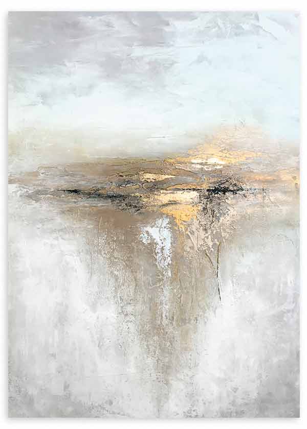 Cuadro con composición abstracta en blanco roto, beige, gris suave y detalles dorados, con textura difusa y franja central oscura de estilo abstracto. Disponible en kudeko.com