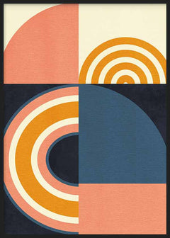 Gerahmtes Wandbild mit Halbkreisen, konzentrischen Bögen und geometrischen Flächen in Tiefblau, Senfgelb, Altrosa, Creme und Schwarz, im geometrischen Retro Stil. Erhältlich auf kudeko.com