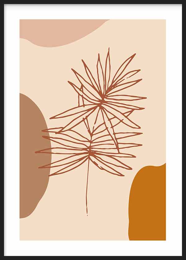 Wandbild mit botanischen Blättern in feiner Linienzeichnung auf beigem Hintergrund, organische Formen in Terrakotta und Senfgelb, minimalistischer Stil für ruhige Wandgestaltung. Erhältlich auf kudeko.com