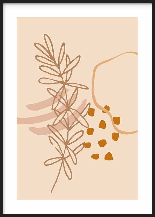 Quadro com ramo botânico de linhas finas, formas orgânicas em bege, rosa envelhecido, castanho e mostarda, num estilo floral simples e contemporâneo. Disponível em kudeko.com