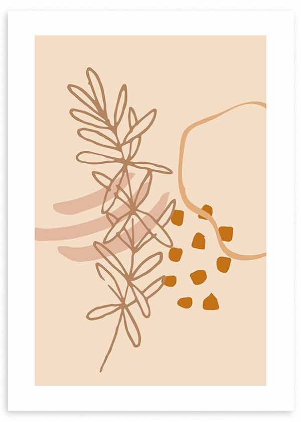 Wandbild mit botanischem Zweig in feiner Linienzeichnung, organischen Formen in Beige, Altrosa, Braun und Senfgelb, im floralen und modernen Stil. Erhältlich auf kudeko.com