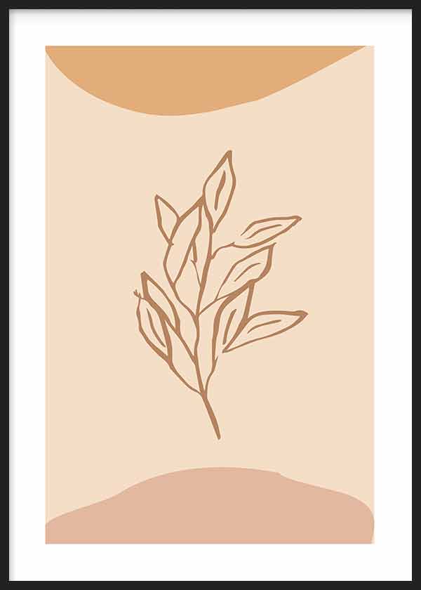 Quadro emoldurado com ramo de folhas em traço castanho sobre fundo bege, formas orgânicas em areia e terracota suave, de estilo minimalista e natural. Disponível em kudeko.com