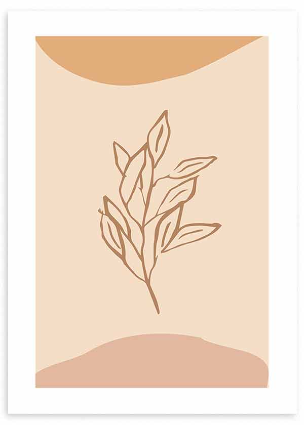 Gerahmtes Wandbild mit Blattzweig in brauner Linienzeichnung auf beigem Hintergrund, organischen Formen in Sand und sanftem Terrakotta, minimalistisch und natürlich gestaltet. Erhältlich auf kudeko.com
