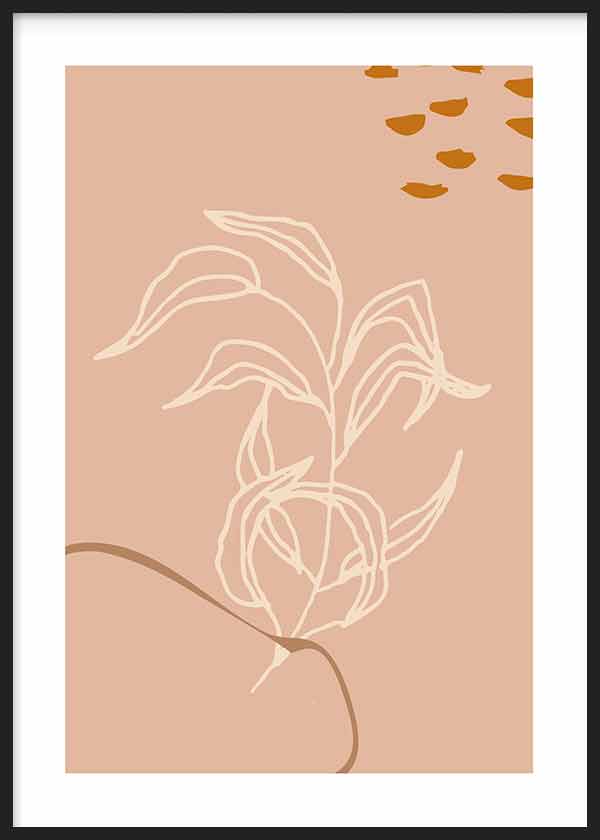 Cuadro con rama botánica de contornos crema, fondo beige rosado, detalles mostaza y línea curva tierra, de estilo minimalista. Disponible en kudeko.com